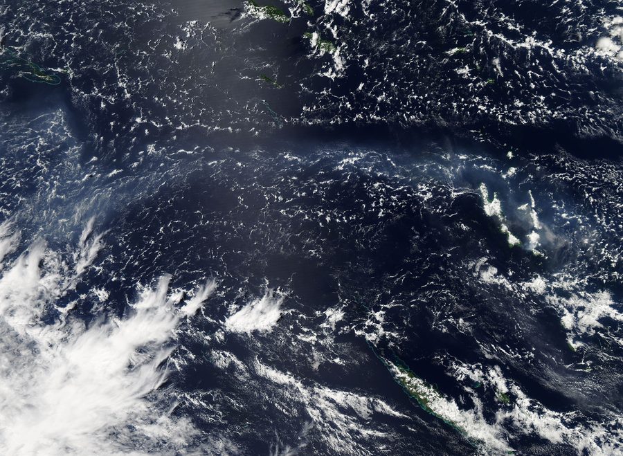 Satellite image of vog and ash rising from Ambrym Volcano in Vanuatu