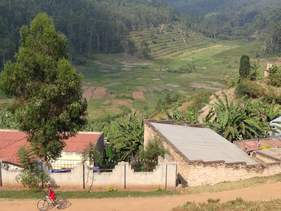 Hügelige Landschaft bei Huye-Butare in Südruanda mit einem Mann auf dem Fahrrad