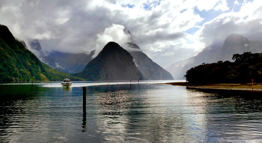 Milford Sound fiord surrounded by steep mountain walls in Fiordland National Park