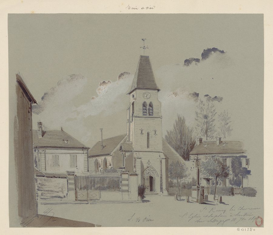 File:St Rémy les Chevreuse, l'église et la place à l'entrée du village - Seine et Oise - dessin - JA C (Jules-Adolphe Chauvet) - btv1b84571444.jpg