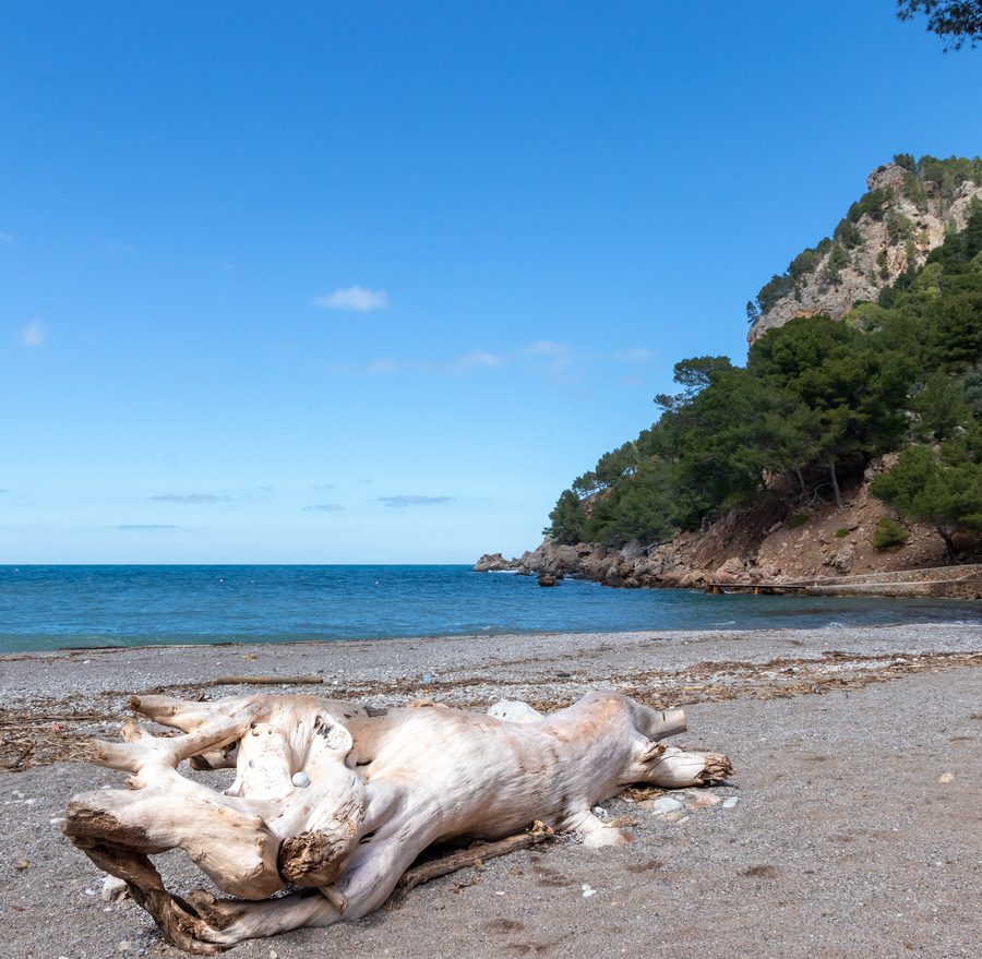 Bucht Cala Tuent mit steinigem Strand und Bergen der Serra de Tramuntana