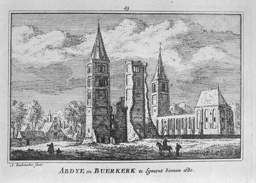 Historische Darstellung der Abtei und Buurkerk in Egmond-Binnen