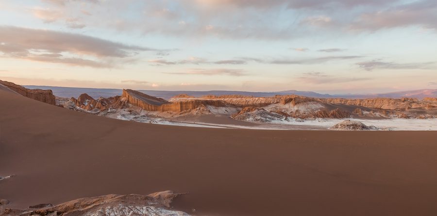 Duna Mayor in Valle de la Luna near San Pedro de Atacama, a broad desert dune at sunset.