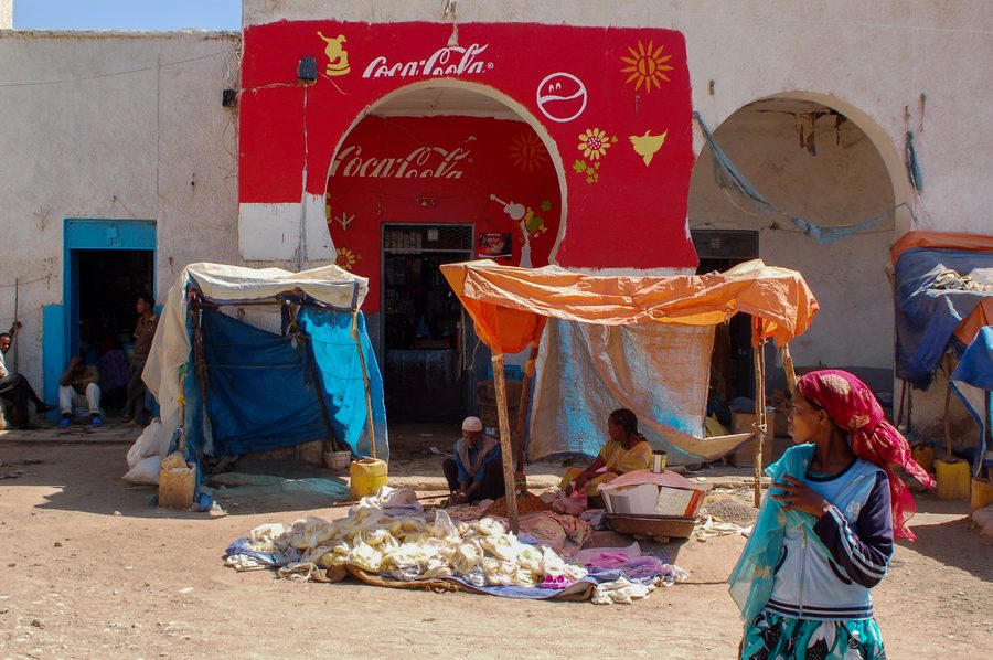Colourful street scene in Harar's historic old city.