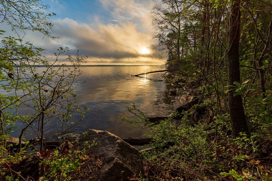 Восход солнца над Lake Marion в Santee, Южная Каролина