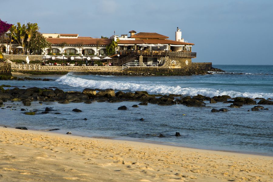 Beachfront restaurant and hotel area on Santa Maria beach, Sal, Cape Verde.