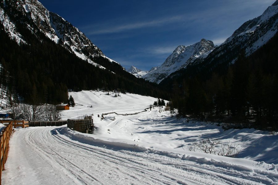 Blick von Gries in der Gemeinde Längenfeld auf die Berge der Stubaier Alpen