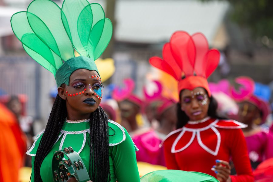 Carnival performers in colorful costumes during the Calabar Carnival in Cross River State, Nigeria.
