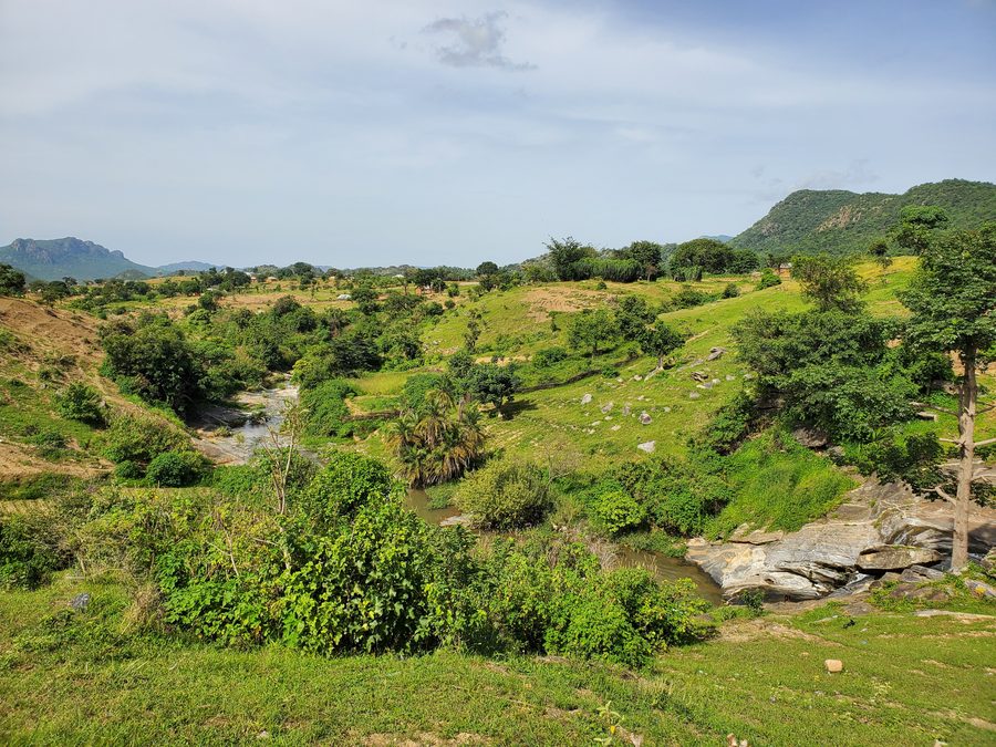 Hügelige Vegetation und entfernte Felsenlandschaft an den Mazah Hills bei Jos in Nigeria