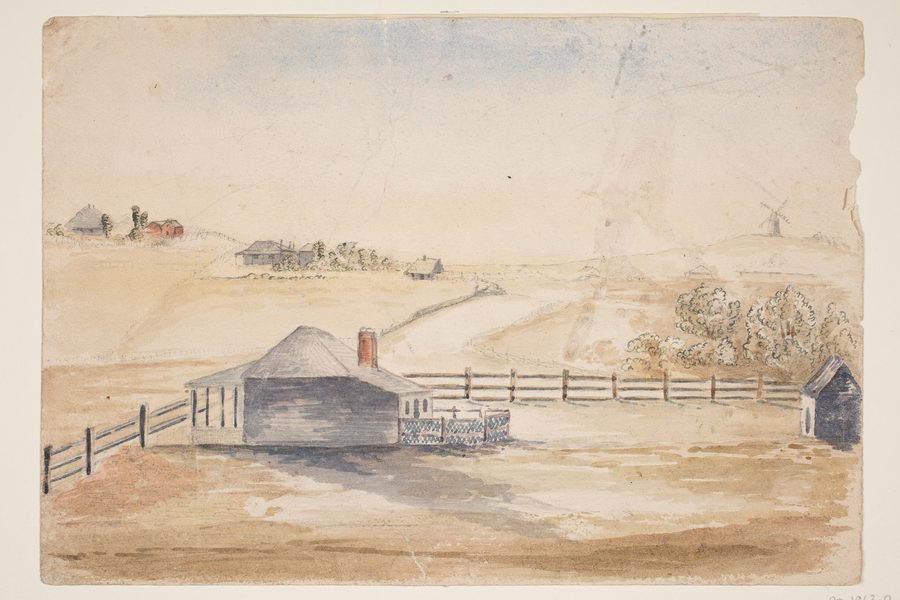 Historic rural scene of Epsom with a house, fenced property and Bycrofts Mill in the background