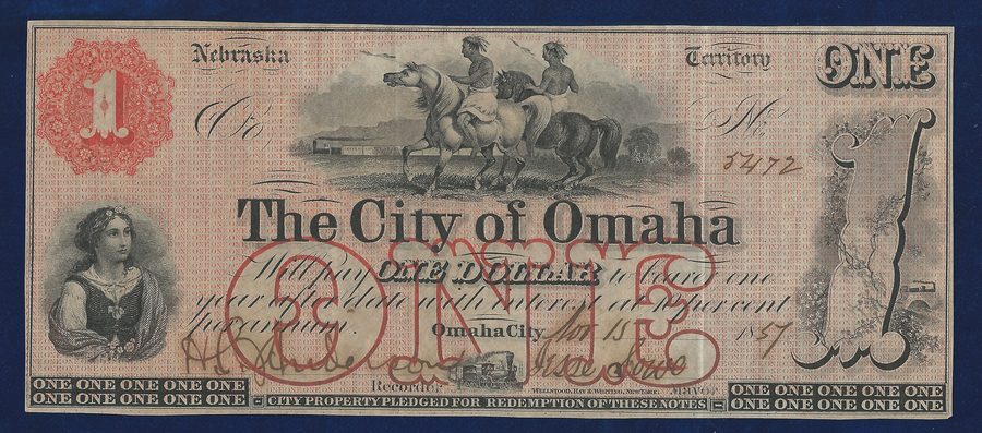банкнота 1857 года города Омаха, Территория Небраска, с изображением коренных американцев и железнодорожного поезда