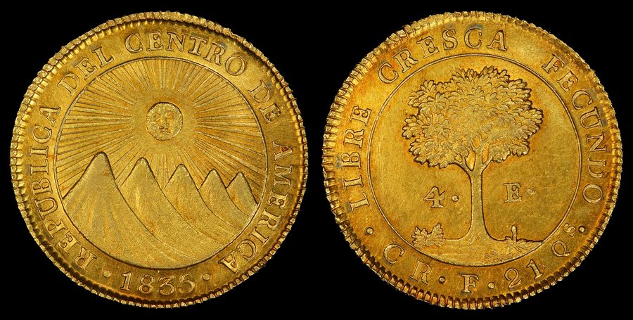 Историческая монета с надписью «Federal Republic of Central America» и годом 1835.