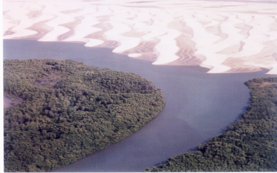 Aerial view of the Parnaíba Delta with waterways and mangrove-covered islands.
