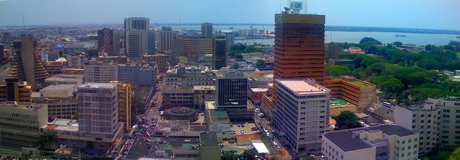 Skyline of Plateau District beside the Ébrié Lagoon in Abidjan.