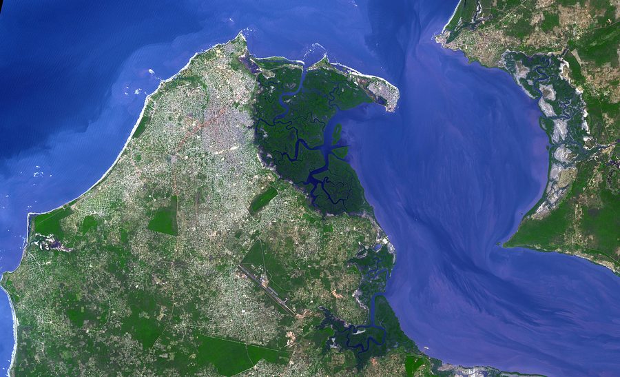 Aerial view of Banjul on the coast at the mouth of the Gambia River.