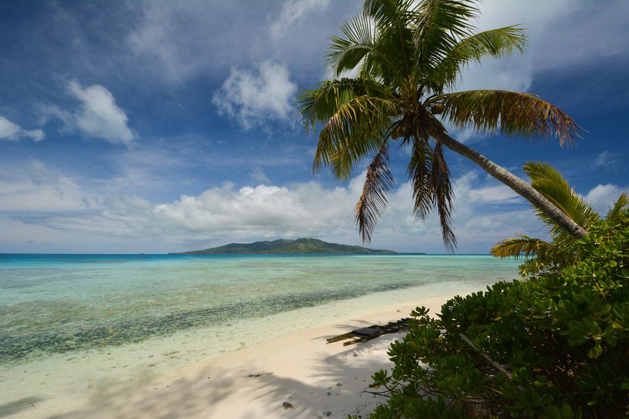 View of Tubuai island from Mitiha motu in French Polynesia