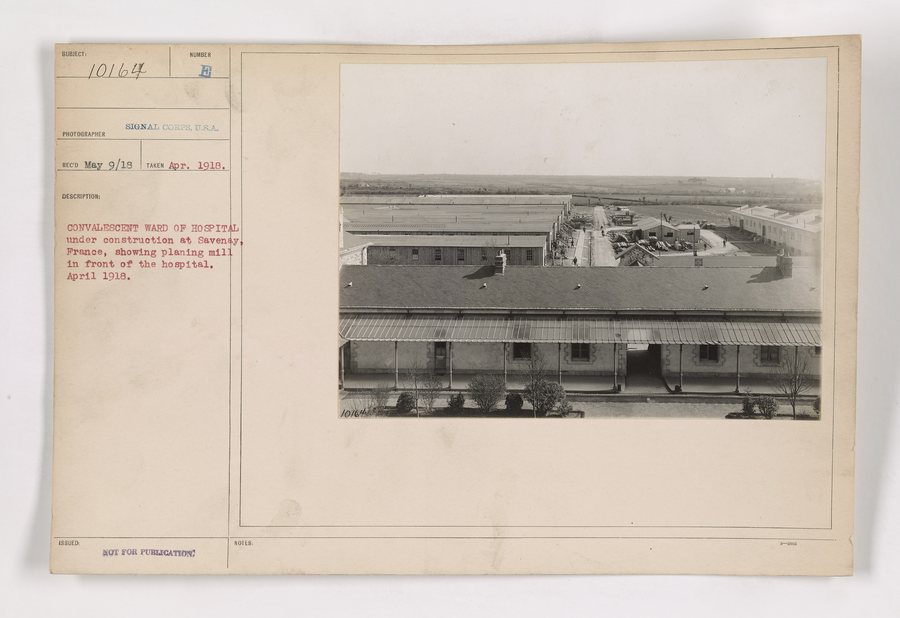 File:111-SC-10164 - Convalescent ward of hospital under construction at Savenay, France, showing planing mill in front of hospital. - NARA - 55180661.jpg