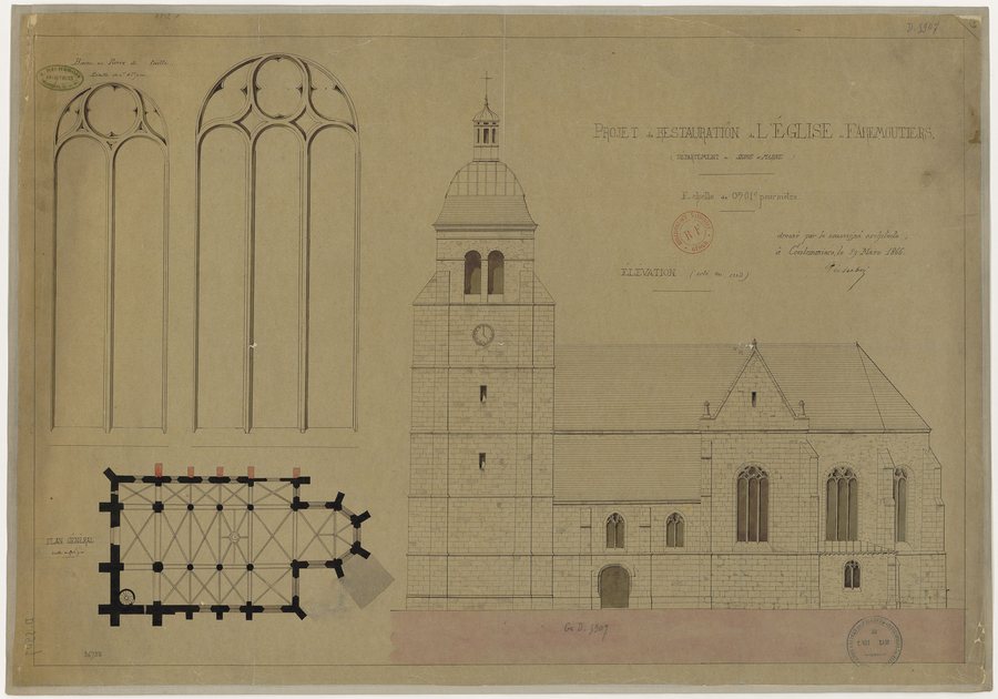 File:Projet de restauration de l'église de Faremoutiers (département de Seine et Marne) dressé par le soussigné architecte, à Coulommiers, le 29 Mars 1866 - btv1b8444847k.jpg