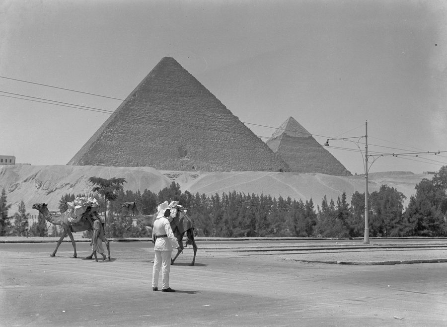 Historische Schwarzweißaufnahme der Pyramiden von Gizeh mit Kamelen und einem Polizisten