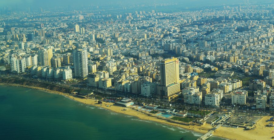 Aerial view of Bat Yam waterfront with the promenade and sandy Mediterranean beach
